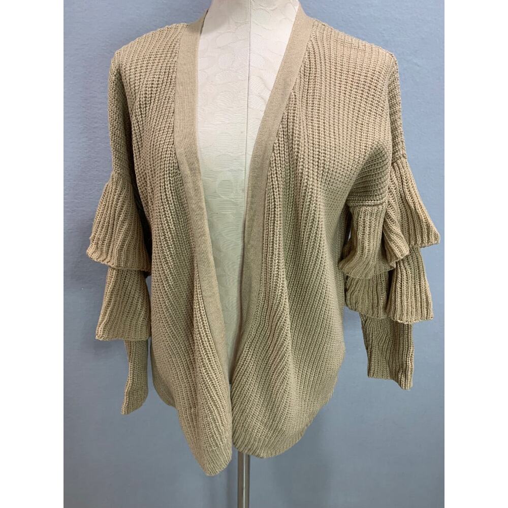 Medium O&O Womens Open Cardigan Brown Ruffle Sleeve Sweater Knit - Picture 2 of 6
